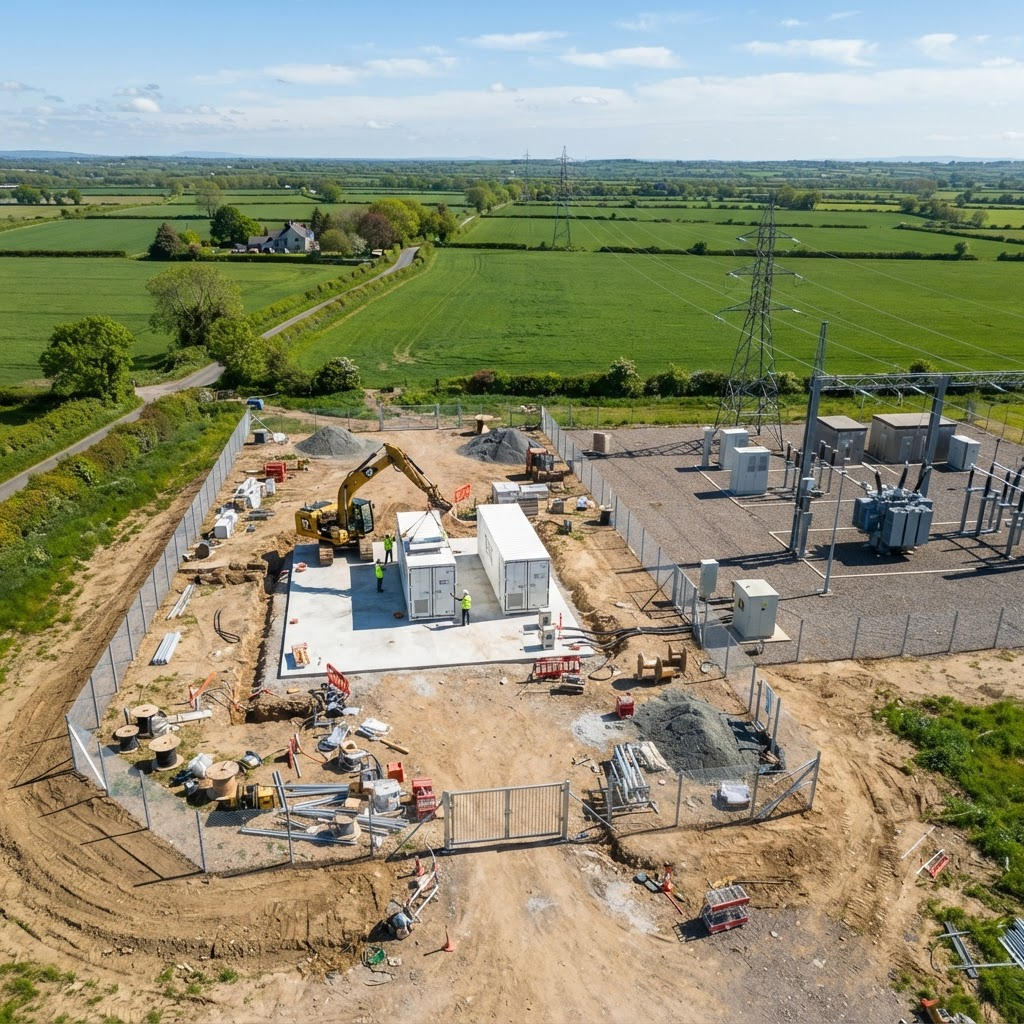 Aerial top-down view of a small Netra battery storage site under construction next to an electrical substation