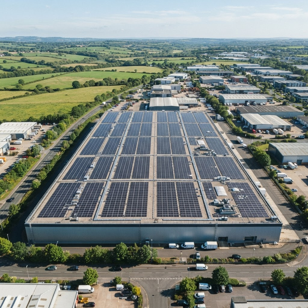 Aerial view of a 2000 square meter industrial rooftop covered with Netra solar photovoltaic panels